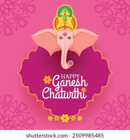 Artistic Ganesh Chaturthi Greeting with Ganesha on Ornate Pink Background