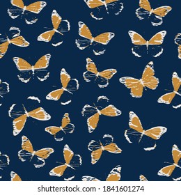 Artistic geo deep dye seamless butterflies  Coloured blue Pattern Brush. Dyed Print design. indigo  Watercolour. Dyed abstract Texture Hand  Ethnic Batik for clothing rug, scarf, curtain , 