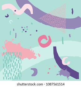 Artistic geometric background with abstract chaotic hand drawn brush strokes and shapes in pastel pink green violet colors. Creative vector design in modern Memphis style for cover prints, cards.