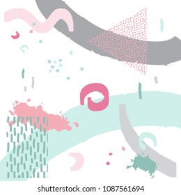 Artistic geometric background with abstract chaotic hand drawn brush strokes and shapes in pastel pink green gray colors. Creative vector design in modern Memphis style for cover prints, cards.