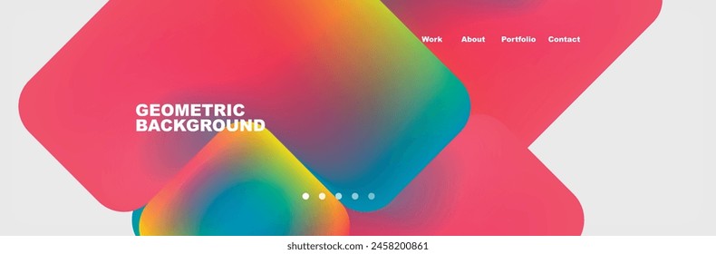 An artistic geometric background featuring a rainbow of colors including vibrant shades of magenta, electric blue, and orange. Circles and rectangles create a dynamic composition