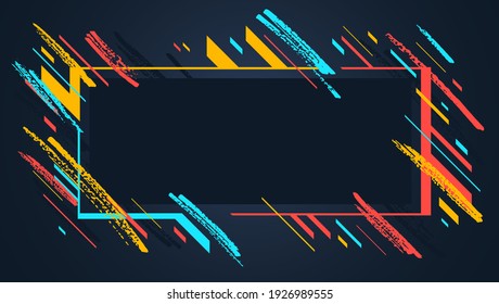 Artistic geometric frame with hand drawn brush strokes vector abstract background, art style bright shiny colors, modern design over dark.