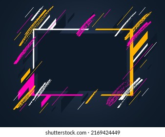 Artistic geometric frame with hand drawn brush strokes vector abstract background, art style bright shiny colors, modern design over dark.