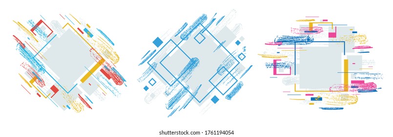 Artistic geometric frames set with hand drawn brush strokes vector abstract background, art style bright shiny colors, modern designs isolated over white.