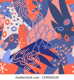 Artistic geometric seamless pattern with floral elements and different textures. Collage. Trendy flat doodle background with abstract and organic shapes. Design for fabric, textile, surface, wrapper.