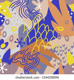 Artistic geometric seamless pattern with floral elements and different textures. Collage. Trendy flat doodle background with abstract and organic shapes. Design for fabric, textile, surface, wrapper.