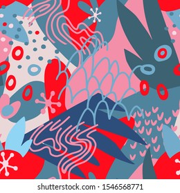 Artistic geometric seamless pattern with floral elements and different textures. Collage. Trendy flat doodle background with abstract and organic shapes. Design for fabric, textile, surface, wrapper.