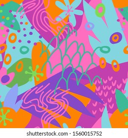 Artistic geometric seamless pattern with floral elements and different textures. Collage. Trendy flat doodle background with abstract and organic shapes. Design for fabric, textile, surface, wrapper.