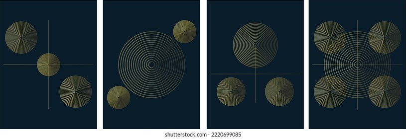 artistic and geometric vector illustration poster. with golden circular shapes and lines in deco style. blue background