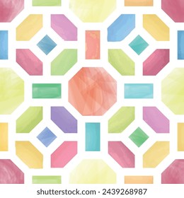 Artistic geometric watercolor seamless pattern. Abstract outline colored texture. Cube, rhomb, hexagon stylish ornamental retro design element