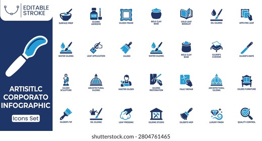 Artistic gilding icon set. Containing gold leaf, gilding brush, restoration, sculpture, quality control and more. Solid vector icons collection