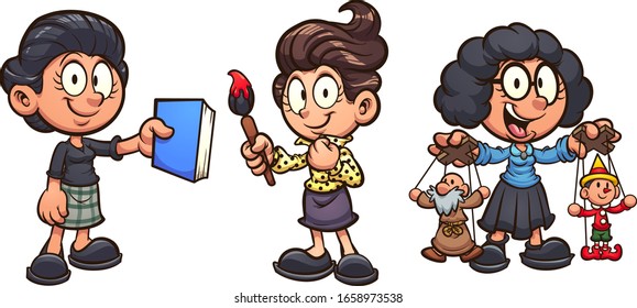 Artistic girls with different specialties. Vector cartoon clip art illustration with simple gradients. Each on a separate layer.
