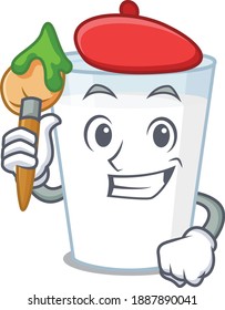 An artistic glass of milk artist mascot design paint using a brush. Vector illustration
