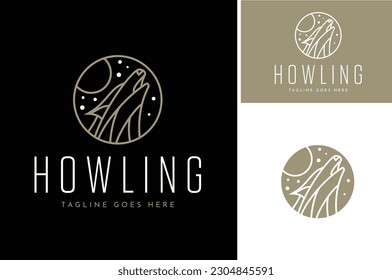Artistic Golden Line Art of Howling Wolf at Night Midnight with Full Moon Sky and Stars Illustration Logo Design