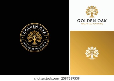 Artistic Golden Oak Tree Emblem Badge for Luxury Elegant Company Business Logo design