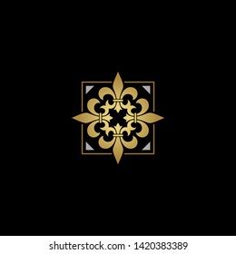 Artistic Golden Silver Fleur de Lis pattern symbol logo design vector with frame / border