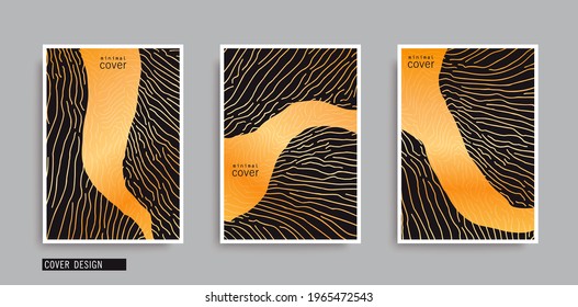 Artistic golden textured posters. Trendy hand drawn doodles print. Luxury style template. Vector design