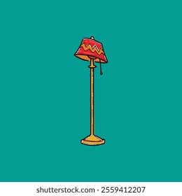 An artistic graphic depiction of a vintage-style floor lamp featuring bold colors and unique decorative accents, standing lamp in a green background, combining elements of classic elegance and modern 