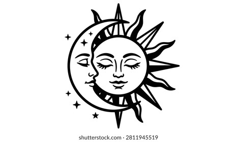 Artistic graphic featuring sun and moon faces with closed eyes combined together as celestial symbol on isolated white background.