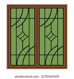 Artistic green stained glass window with wooden frame and geometric pattern - decorative design