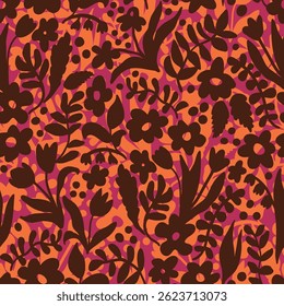 Artistic groovy floral background. Decorative botanical seamless pattern with silhouette shapes of leaves and flowers. Artisanal allover print, vector wallpaper, for fabric, textile, paper, package