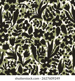 Artistic groovy floral background. Decorative botanical seamless pattern with silhouette shapes of leaves and flowers. Artisanal allover print, vector wallpaper, for fabric, textile, paper, package