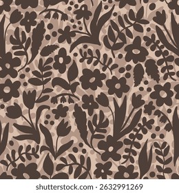 Artistic groovy floral background. Decorative botanical seamless pattern with silhouette shapes of leaves and flowers. Artisanal allover print, vector wallpaper, for fabric, textile, paper, package