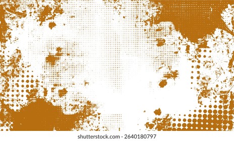 Artistic grunge background with halftone and splatter elements in earthy brown tones.