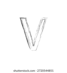 Ilustración vectorial artística de la letra V del grunge - monograma bosquejado audaz con la textura angustiada del carbón y los contornos arquitectónicos del Industrial