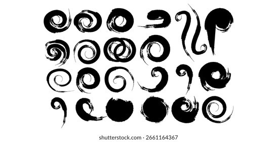 Artistic grunge spirals and round brush shapes collection