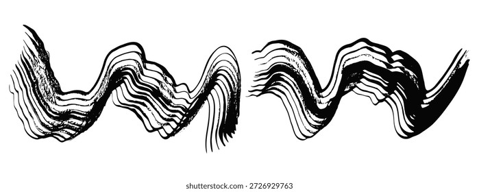 Artistic grunge textured vector wavy black ink paint brush stroke border set. Abstract curve dynamic isolated grunge paintbrush for texture design, sound wave background, striped mascara, ribbon