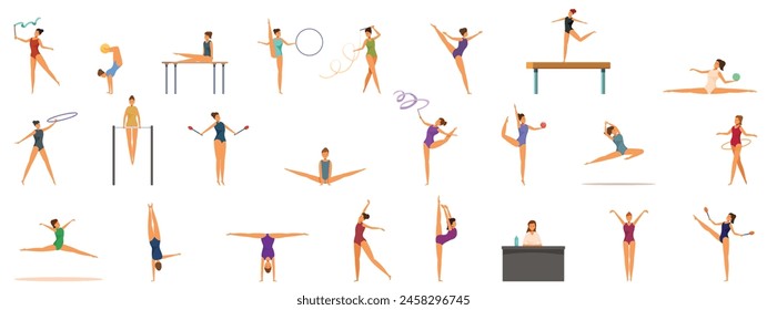 Artistic gymnast performance icons set cartoon vector. Sport balance. Flexible equipment