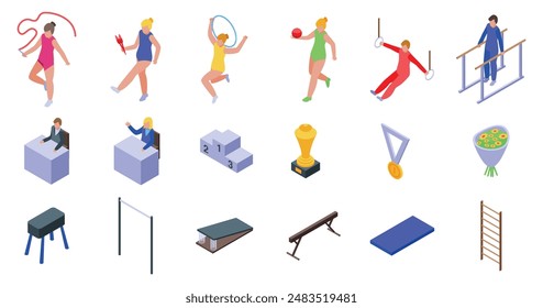 Artistic gymnast performance icons set. Gymnasts performing rhythmic gymnastics with different apparatus and equipment isometric 3d icons set