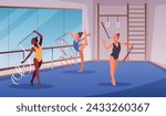 Artistic gymnast workout. Rhythmic gymnasts train, flexible girls in suits with ribbons, clubs, professional athletes, sport school, cartoon flat style isolated tidy vector concept
