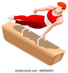 Artistic Gymnastic Pommel Horse Athletes Sportsman Games Icon Set. 3D Isometric Athlete. Sporting Championship People Competition. Sport Infographic Gymnastic Pommel Horse events Vector Image