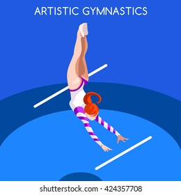 Artistic Gymnastics Acrobat Athletes Sportswoman Games Icon Set. 3D Isometric Athlete. Sporting Championship People Set Competition. Sport Infographic Gymnastics Uneven Bars events Vector Image