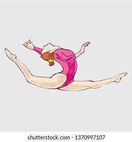 Artistic gymnastics athlete, hand drawing. 
Illustration of girl doing rhythmic gymnastics, sport vector icon. Flat style vector clip art.
