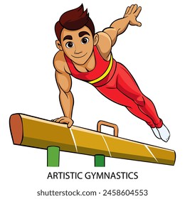 Künstlerische Gymnastiksportler isoliert auf weißem Hintergrund im Cartoon-Stil. Spielemusiken 2024. Vektorillustration.