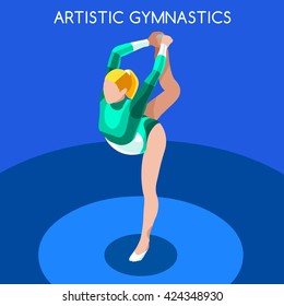 Artistic Gymnastics Floor Exercise Athletes Sportswoman Games Icon Set. 3D Isometric Athlete. Sporting Championship People Set Competition. Sport Infographic events Vector Collection