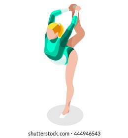 Artistic Gymnastics Floor Exercise Athletes Sportswoman Summer Games Icon Set. 3D Isometric Athlete. Sporting Championship People Set Competition. Sport Infographic events Vector Image