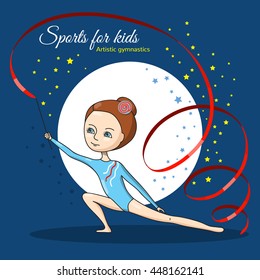 Artistic gymnastics. Girl in blue gymnastic leotard. Speech with red ribbon. Vector character in a cartoon style.