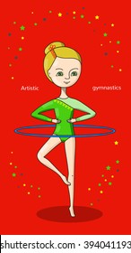Artistic gymnastics. Gymnast in green leotard with a blue Hoop on a red background.