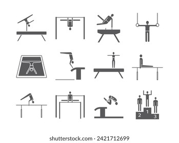 Symbol für künstlerische Gymnastik. Ausrüstung. Vektorsportschilder.