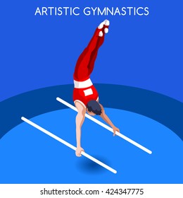 Artistic Gymnastics Parallels Bars Athletes Sportsman Games Icon. 3D Isometric Athlete. Sporting Championship People Competition. Sport Infographic Artistic Parallels Bars events set Vector Image