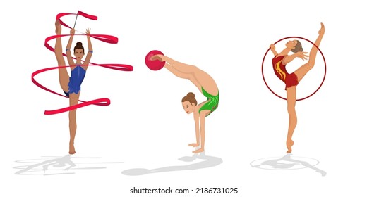 Artistic Gymnastics Sports Balance With Ball And Ribbon, Flexibility Stands On Hands, Agility In Hoop. Movements In Rhythmic Gymnastics Tumbling, Acrobatic, Aerobic. Isolated Icon Vector