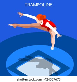 Artistic Gymnastics Trampoline Athletes Sportswoman Games Icon Set. 3D Isometric Athlete. Sporting Championship People Set Competition. Sport Infographic Gymnastics Trampoline events Vector Image