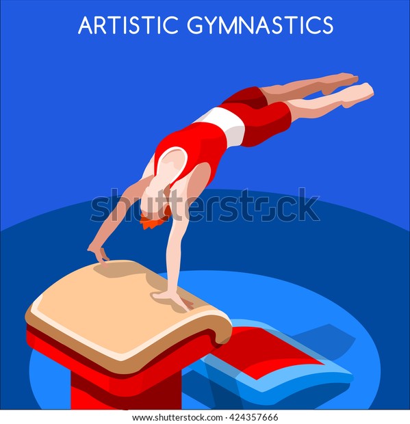 Artistic Gymnastics Vault Athletes Sportsman Games\
Icon Set. 3D Isometric Athlete. Sporting Championship People\
Competition. Sport Infographic Artistic Gymnastics Vault events\
Vector Image