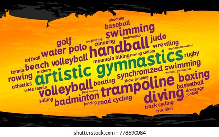 Artistic gymnastics. Word cloud, cool design, gold background. Summer sports.