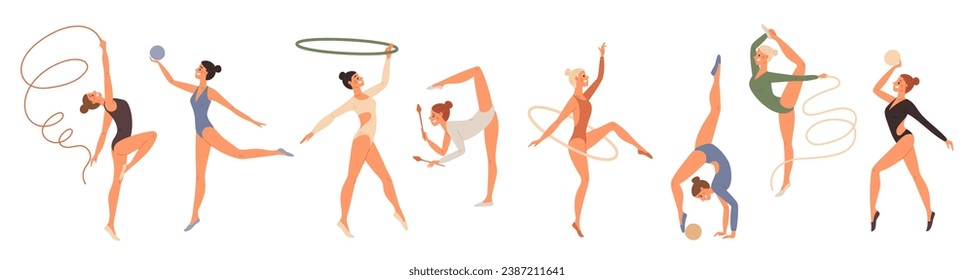 Gimnastas artísticas. Atletas de dibujos animados. Chicas acrobáticas. Flexible y tenso. Competencia de acrobacias. Mujeres fuertes con aros y cintas. Ejercicio rítmico