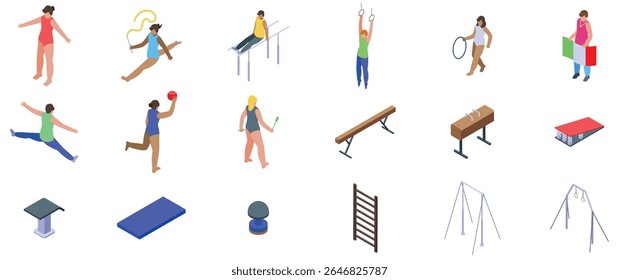  Ícones de ginastas artísticos definidos. Ginastas profissionais exercitando-se com vários equipamentos e acessórios, apresentando diferentes disciplinas de ginástica